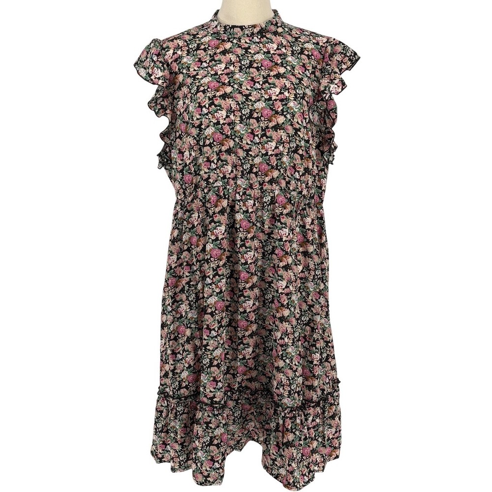 Shein Mini Dress Black Pink Floral Ruffle Sleeve Tiered XL